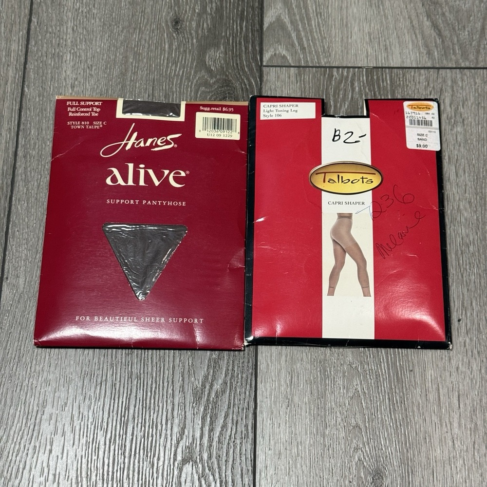 Hanes Alive (Town Taupe) Full Support & Talbots (Sand) Capri Shaper Pantyhose C